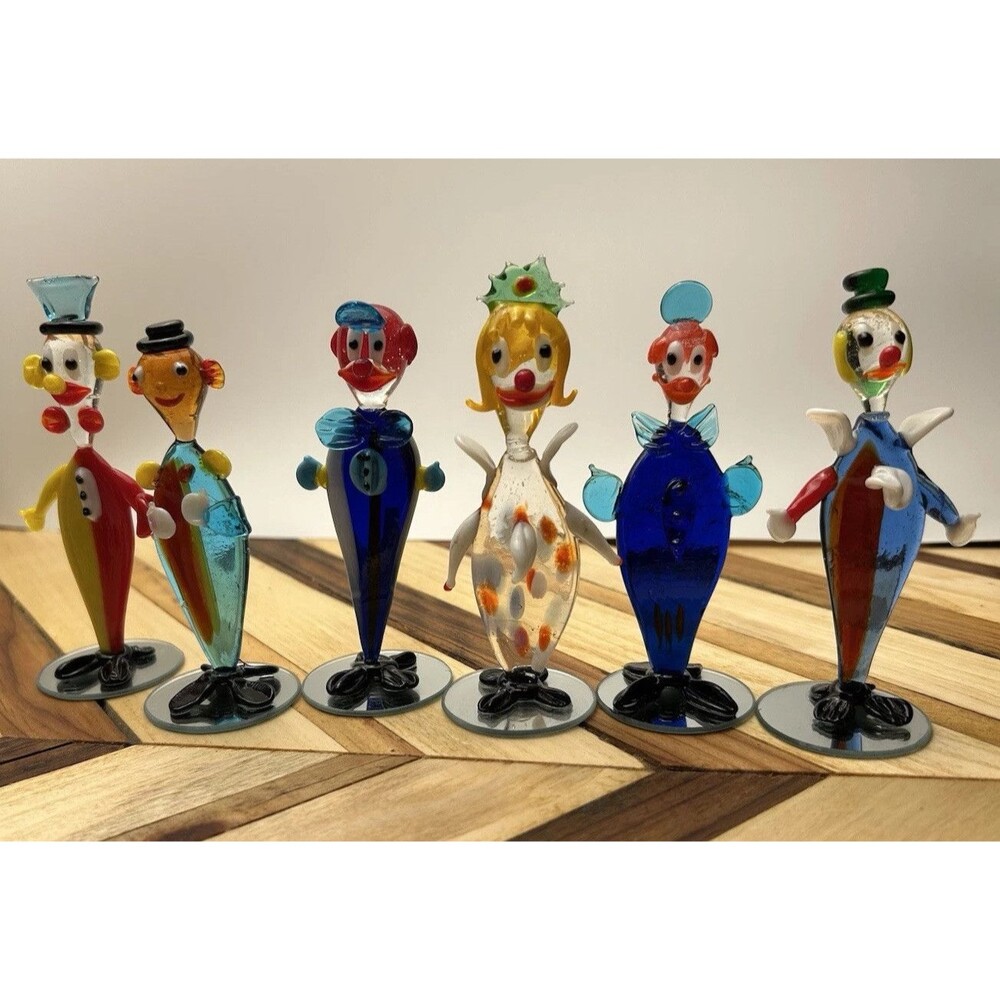 Set Of 6 - 4” Vintage Murano Style Clown Glass Art Lot Clowns